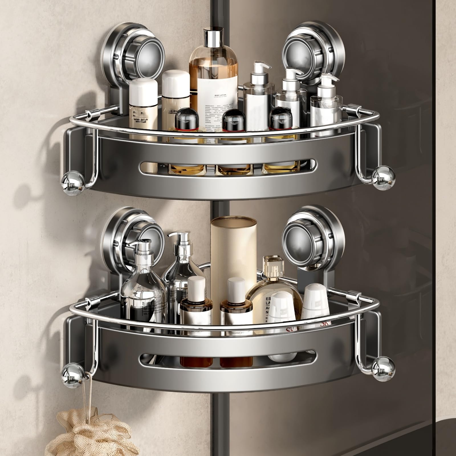 Photo 1 of VOLPONE Corner Shower Caddy Suction Cup Shower Shelf Corner No Drilling Bathroom Shower Organizer Storage Rack Adhesive (2-Pack, Gray)