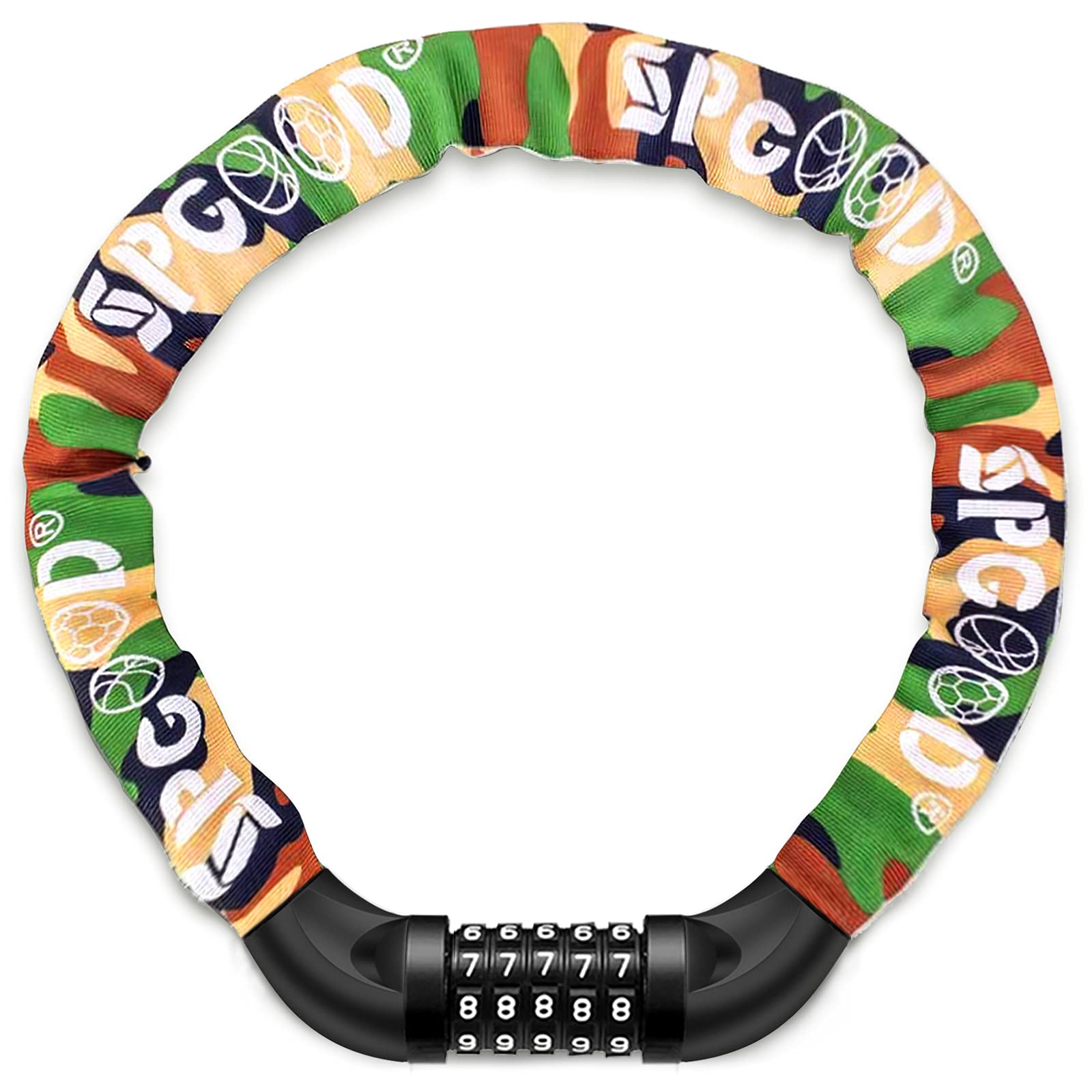 SPGOOD Bike Locks Heavy Duty/Bicycle Chain/Cycling Lock (14 Colors) 5-Digits Codes Resettable 100,000 Codes for Bike Cycle, Moto, Door, Gate Fence 830mm Length(Camouflage)