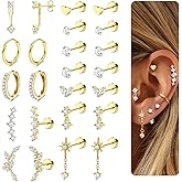 LOLIAS Hypoallergenic Flat Back Earrings-Cartilage Earring Stacks-Surgical Steel Earrings for Sensitive Ears - Small Stainless Steel Flatback Stud Hoop Earring Sets for Helix Tragus Conch Daith Multiple Piercing Jewelry Trendy