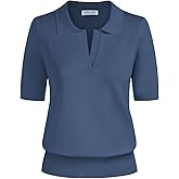 Kate Kasin Women Short Sleeve Polo Sweater V Neck Knitted Tops Casual Ribbed Shirt Loose Pullover Sweater
