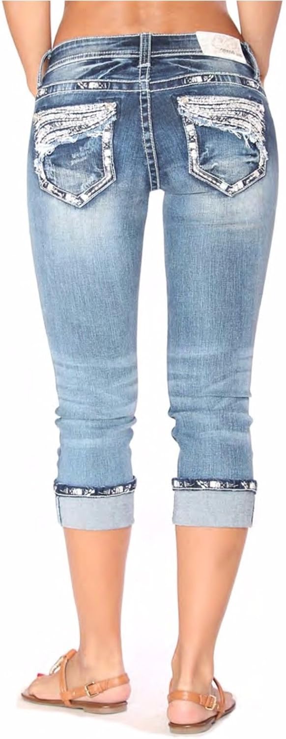 Grace in LA Mid Rise Easy Capri Cuffed Rhinestone Embellished Cropped