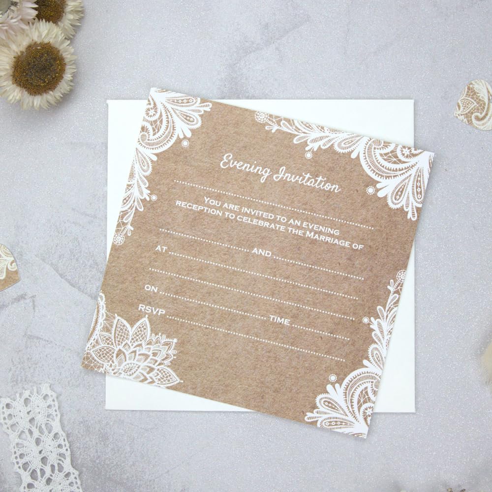 Dotty about Paper Premium Evening Postcard Invitations - Rustic Lace Pattern - Pack of 10 with Ivory Envelopes. Vintage Charm, Woodland. Perfect for Friends and Family. (L53)