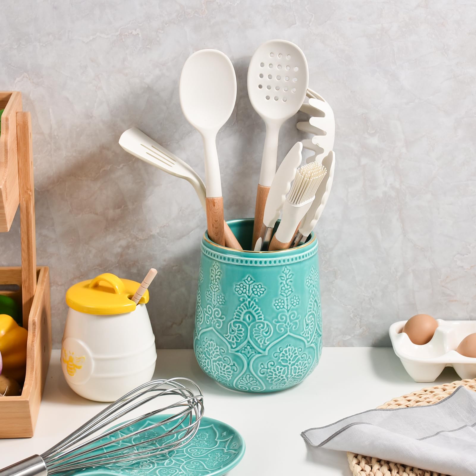 Lunaicorn Utensil Holder, Large Utensil Holder for Kitchen Counter, 6.5”Ceramic Cooking Utensil Organizer, Kitchen Decor for Counter (Turquoise)