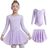 DIPUG Long Sleeve Ballet Leotards for Girls Dance Dress Removable Skirt with Shiny Star