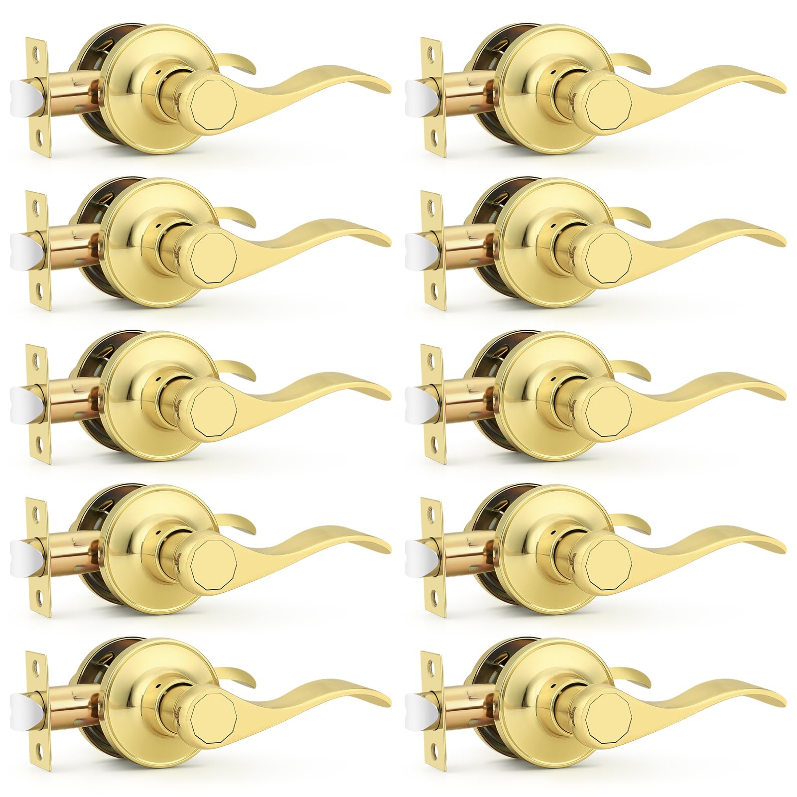 Probrico Interior Door Handles, Passage Door Lever Brass Gold, Door Handle for Closet Hallway, Modern Wave Style, 10 Pack Image