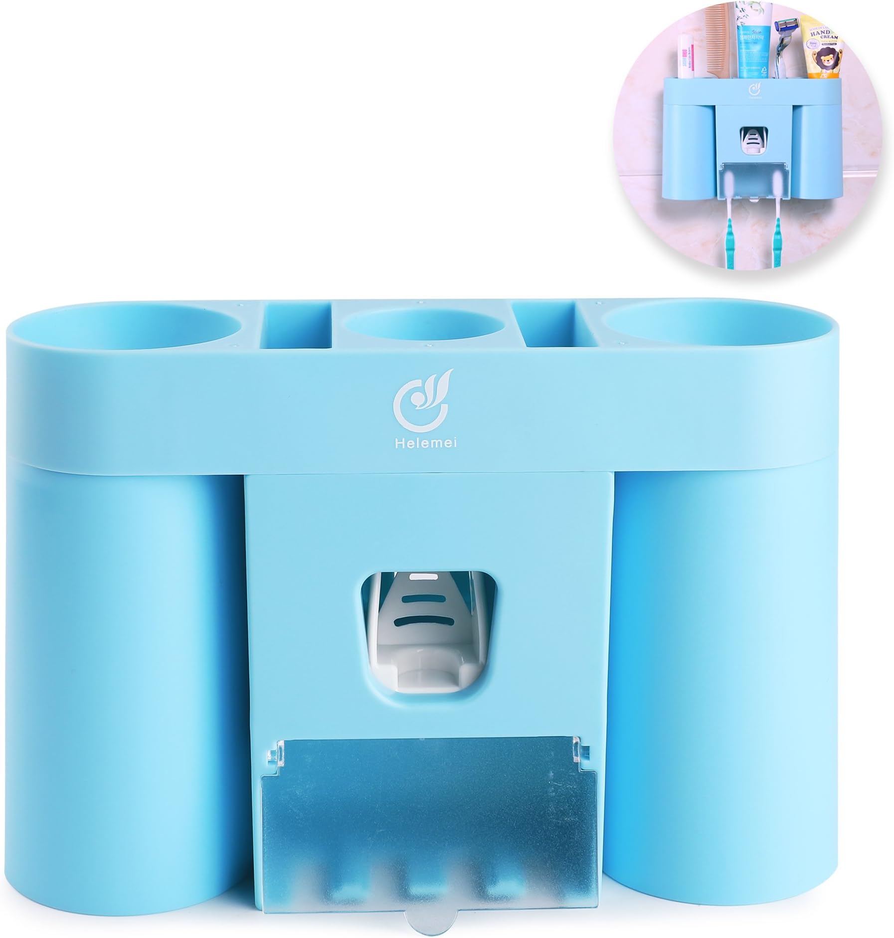 Wall Mounted Toothbrush Holder with Dustproof Cover, 2 Suction Cups, Automatic Toothpaste Dispenser Squeezer for Dental Oral Care Bathroom Accessories Storage Organizer Set (Sky blue)