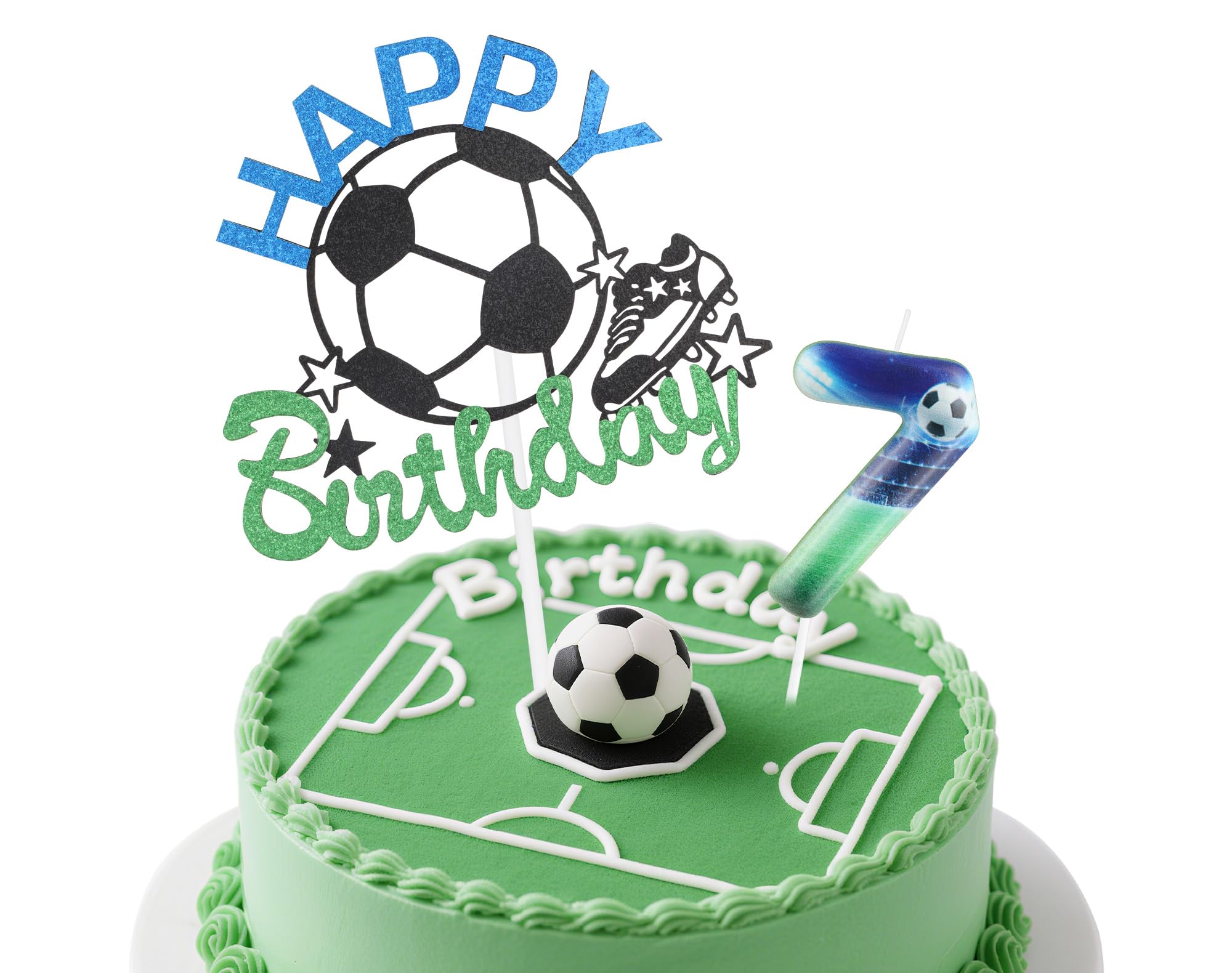 Football 7th Birthday Candles Cake Toppers Set,Blue Green Number 7 Candle,Boys 7th Birthday Decorations,Soccer Candles Toppers Football Cake Decorations for Soccer Themed Party Supplies