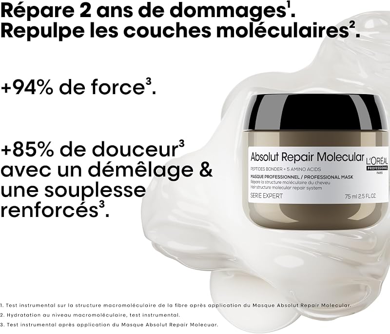 L'OREAL PROFESSIONNEL - Masque Réparateur Concentré Absolut Repair Molecular - Répare 2 Ans de Dommages en Une Application - Force +94% - Douceur +85% - Cheveux Secs & Abîmés - 75 ml