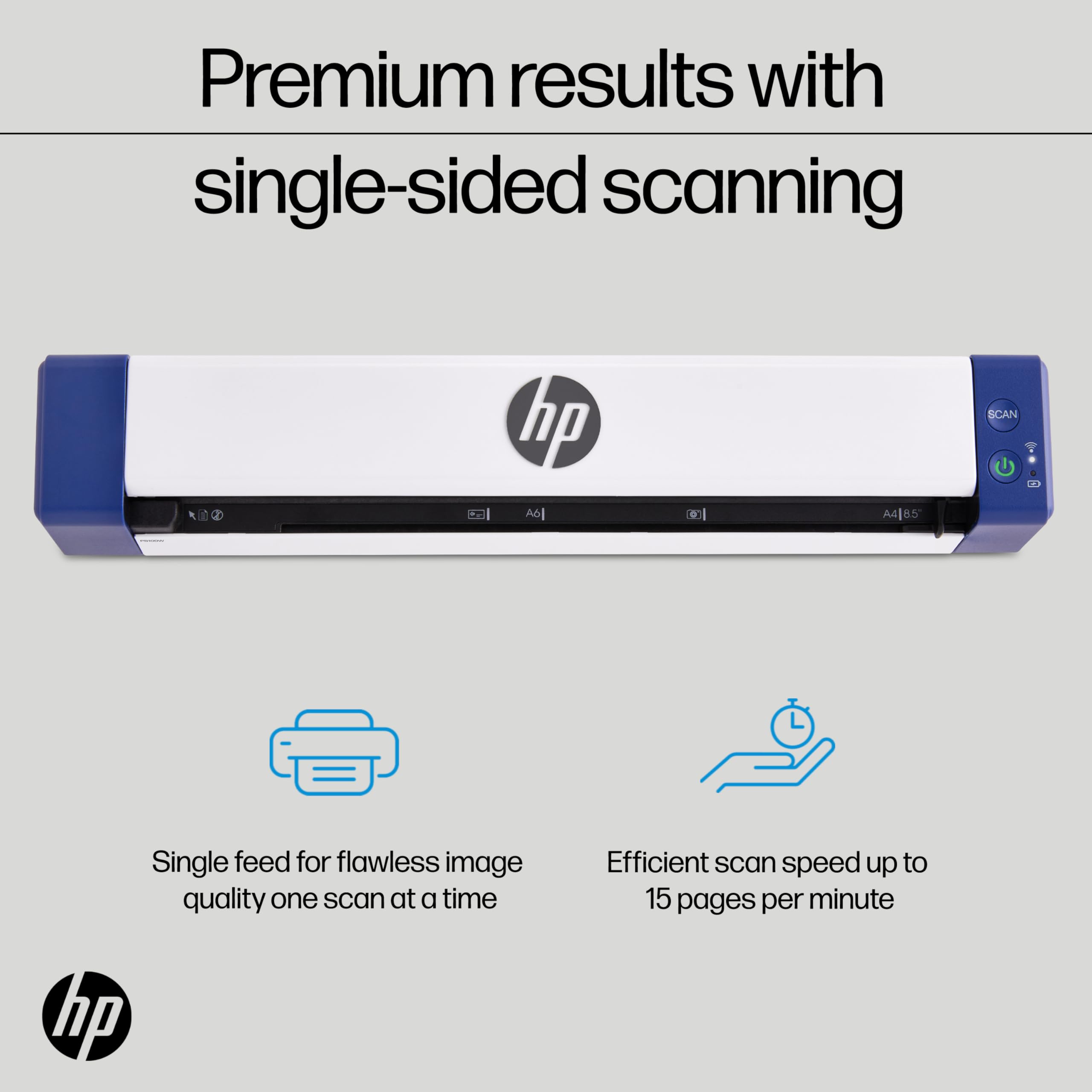 HP PS100W Portable Document Scanner | Compact, Portable, Wireless, 1-Sided Simplex Digital Scanner for Home & Office | Rechargeable, USB & Wi-Fi Direct, Compatible with Mac & Windows PC and Laptop