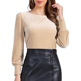 Allegra K Velvet Tops for Women Crew Neck Long Sleeve Casual Blouse Shirt | Puff Sleeve, Soft, Dressy, Basic Pullover Top