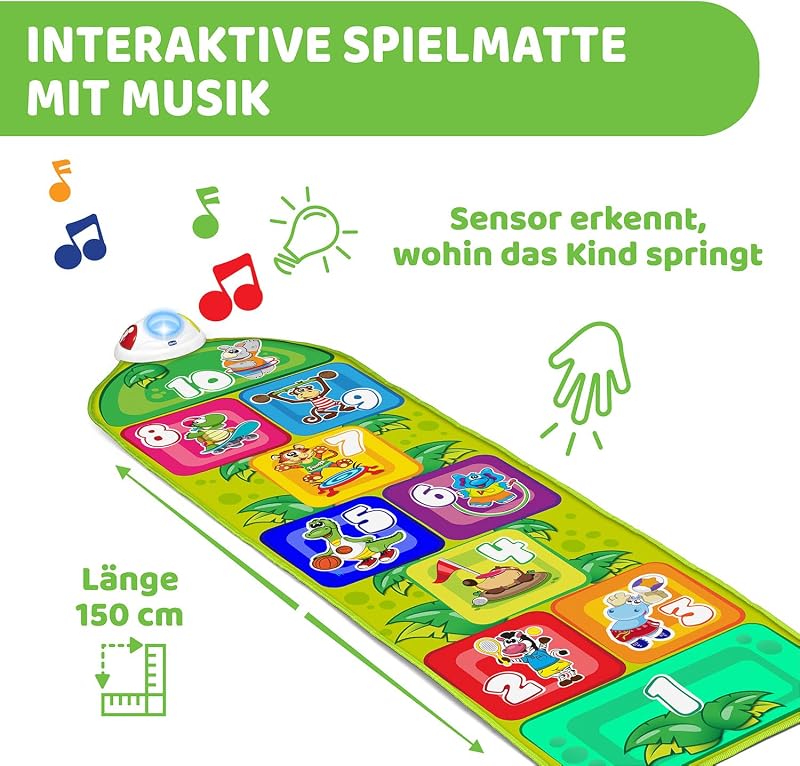Jump & Fit Elektronische Hüpfmatte, Interaktives Spiel mit Lichtern und Geräuschen, Musikmatte für zu Hause, 2 Spielmodi, 150 cm, Kinderspielzeug von 2-5 Jahren
