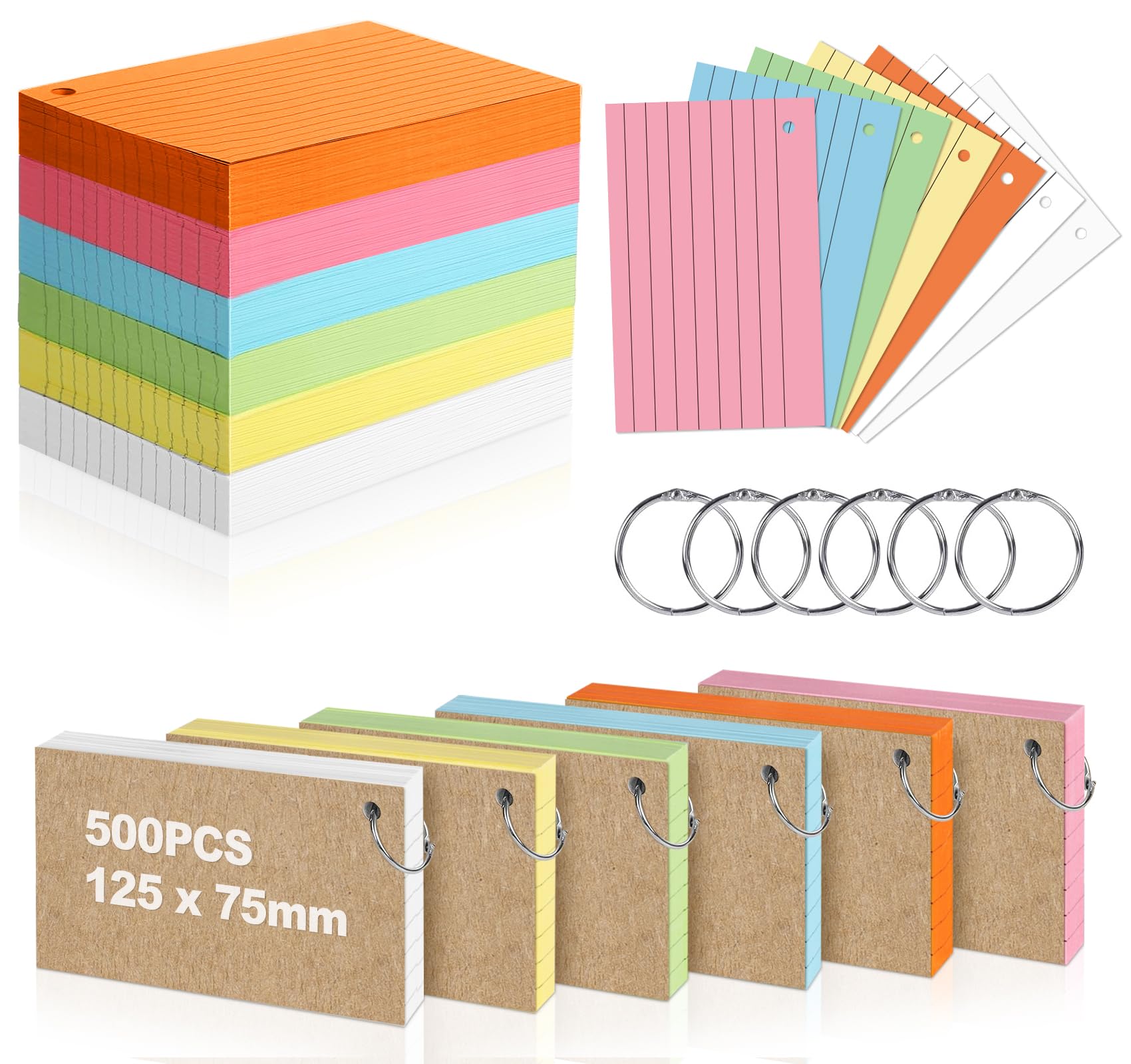 NOTEZMATE Flash Cards 500 PCS,127 x 76mm Index Cards Revision,Ruled Record Cards Lined Flashcards with Metal Binder Ring,6 Colours Cue Kraft Paper Notecards for Study Office School Learning Memo
