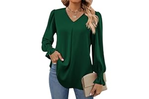 Funlingo Women's 2025 Long Sleeve Tops Dressy Casual V Neck Tunic Shirts Loose Chiffon Work Blouse