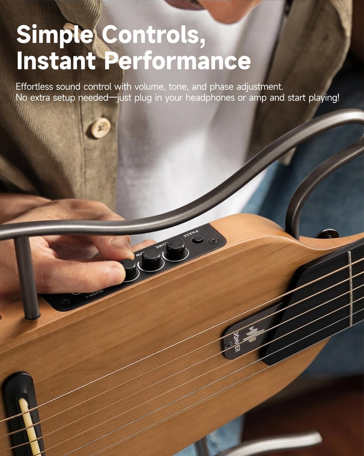 Donner HUSH I Guitar For Travel - Portable Ultra-Light and Quiet Performance Headless Acoustic-Electric Guitar, Maple Body with Removable Frames, Gig Bag, and Accessories