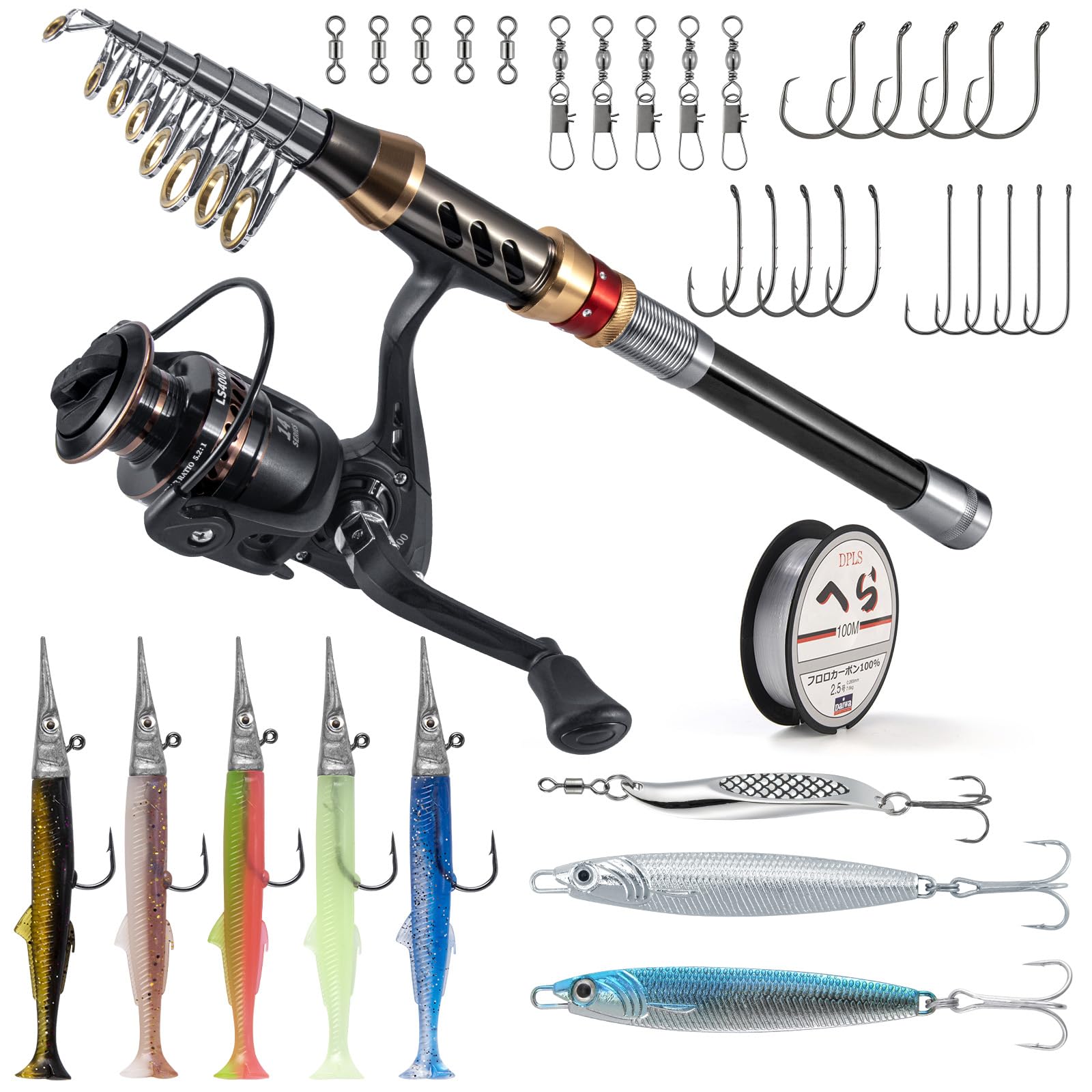 Alwonder Fishing Rod and Reel Combo Telescopic Rod 4000 Spinning Reel Combo Set Saltwater Sea Fishing Lures Jigs Spoon Spinner Sandeel Lures Sea Gear Equipment Tackle 2.1M