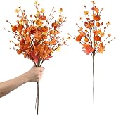 4PCS Fall Decor for Indoor Autume Thanksgiving Home Holiday Decorations | 19.5Inch Artificial Orange Pumpkin Berry Maple Leaf Floral Stems Branches Decorations, for Harvest Vase Arrangement Indoor