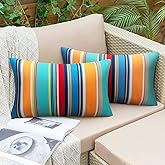 Pyonic Outdoor Lumbar Pillow Covers Set of 2 Waterproof Throw Pillow Covers Decorative Patio Pillows for Patio Tent Garden Beach,12x20 Inches,Color Stripe(Blue)
