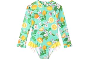 ALAKUOTI Baby Toddler Girl Long Sleeve Ruffle Swimsuit One Piece Zipper Rash Guard Bathing Suit with UPF 50+ Sun Protection