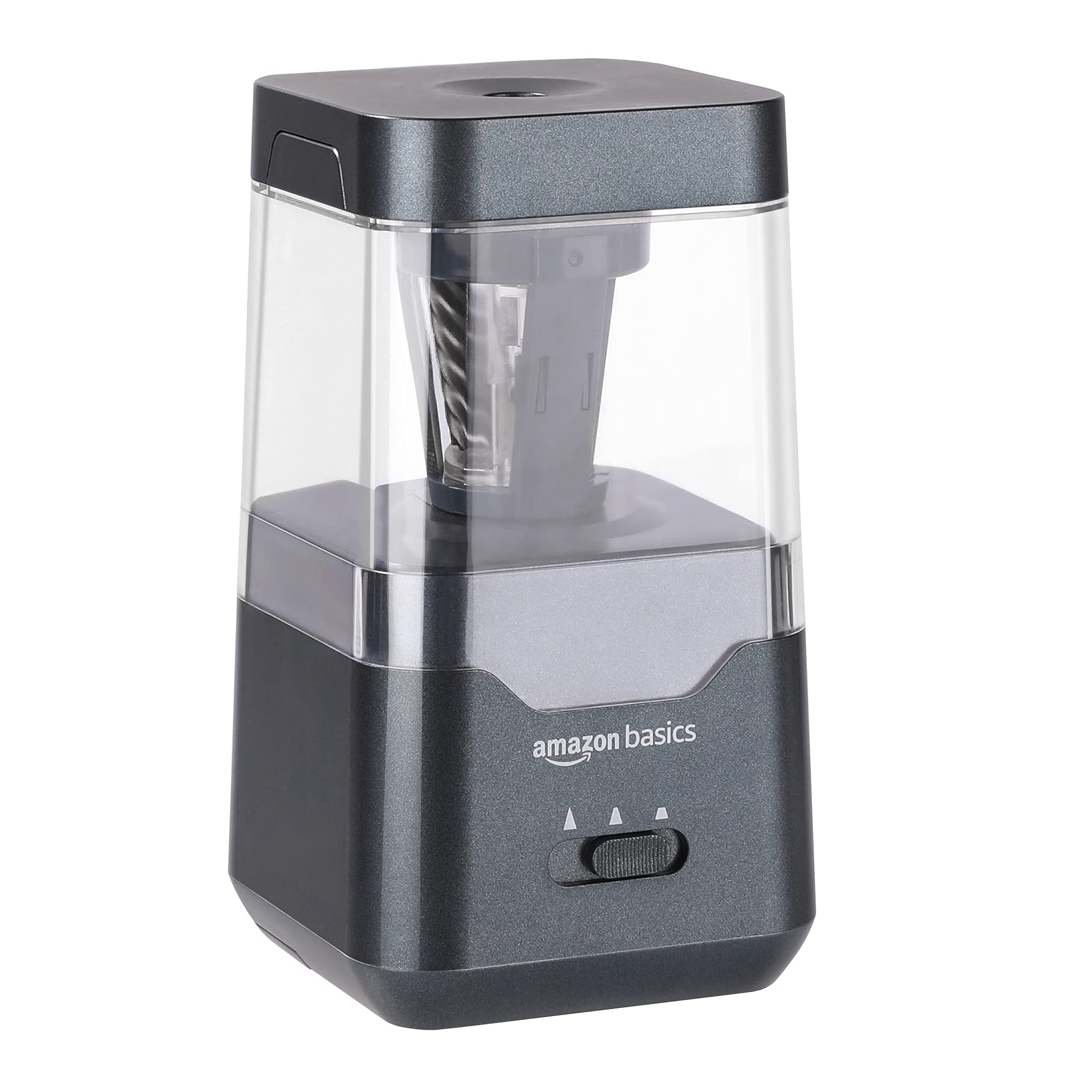 Photo 1 of Amazon Basics Portable Electric Pencil Sharpener, Helical Blade, Auto Stop, Battery/USB Cord Operated, Black, 2.87 x 2.87 x 5.3 in