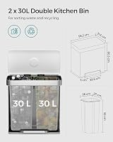 SONGMICS 2x30L Stainless Steel Pedal Bin with 15 Bags White LTB202W01 view 6