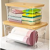 FELIZHOUSE 2 Pack Trash Bag Holder with Bamboo Lid, Stackable Garbage Bag Dispenser Under Sink , Storage Organizer for Kitchen, Laundry, Pantry