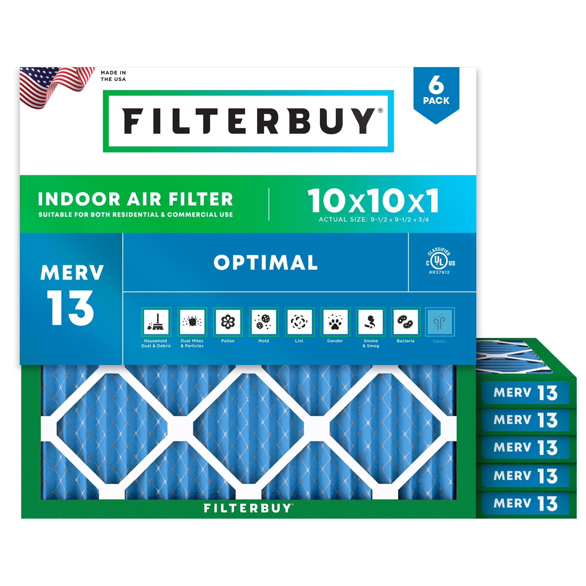 Filterbuy 10x10x1 Air Filter MERV 13 Optimal Defense (6-Pack), Pleated HVAC AC Furnace Air Filters Replacement (Actual Size: 9.50 x 9.50 x 0.75 Inches)