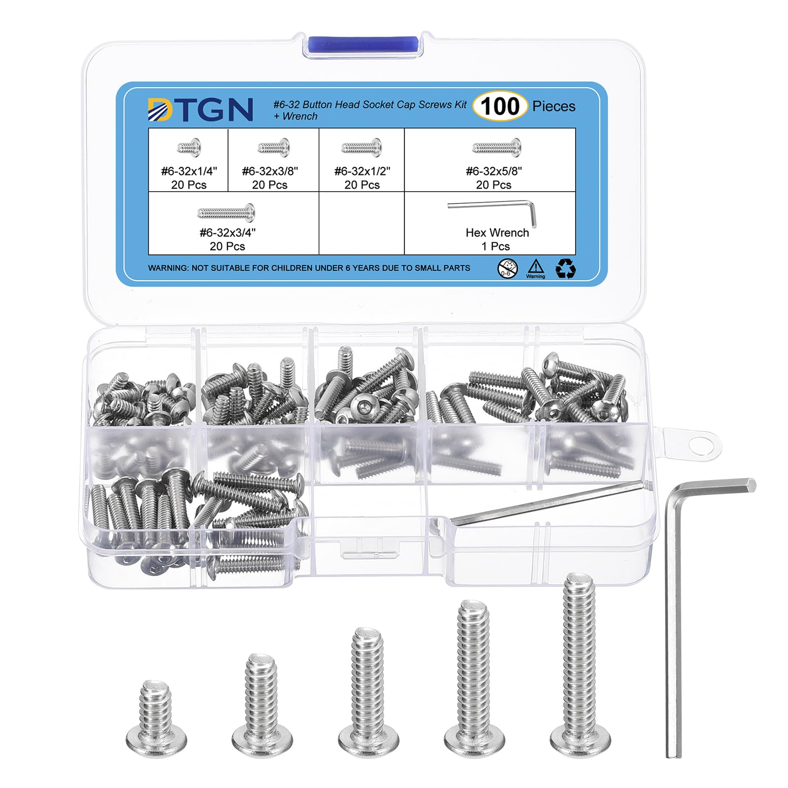 DTGN 100Pack #6(D) Button Head Socket Cap Screws Kit - 1/4",3/8",1/2",5/8",3/4" (L) 304 Stainless Steel UNC Thread Hex Socket Cap Screw Assortment with S5/64 Wrench - Good for Machine