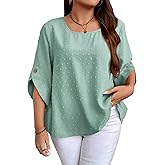 WDIRARA Women's Plus Size Swiss Dots Round Neck Button 3/4 Sleeve Blouse Casual Top Mint Green 0XL