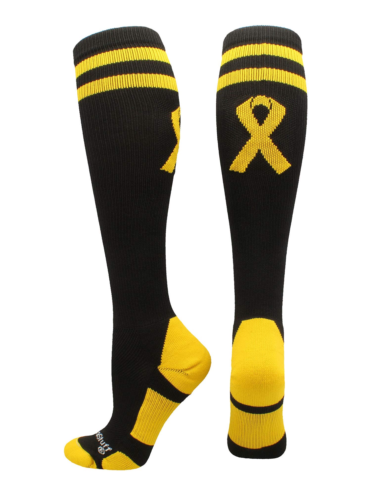 MadSportsStuff Calcetines OTC con cinta dorada para concienciación sobre el cáncer infantil (negro/dorado, extragrande)