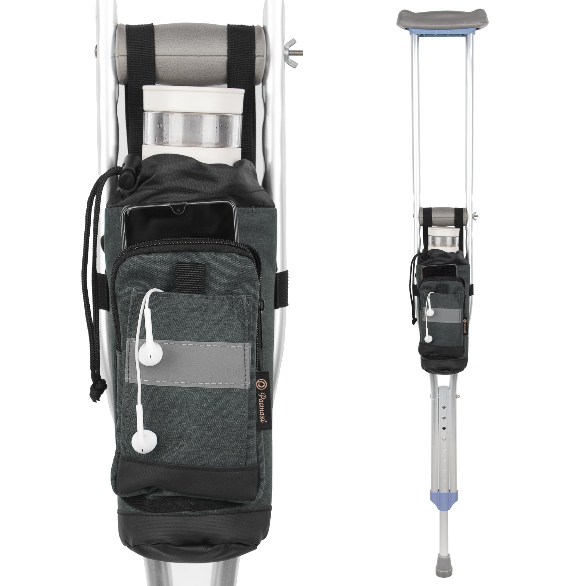 Crutch Bag Lightweight Crutch Accessories Storage Pouch with Reflective Strap and Front Zipper Pocket for Universal Crutch Bag to Keep Item Safety (Gray)