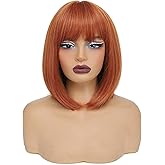 Sarensall Ginger Bob Wig with Bangs for Women Short Orange Wigs Natural Fashion Synthetic Wig for Daily Halloween Cosplay Colorful Costume Wig Use 12 Inch