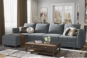 HONBAY Modular Sectional Couch with Reversible Chaise L-Shape Sofa 4-Seat Corner Couch Modular Sofa with Storage Seat, Bluish Grey
