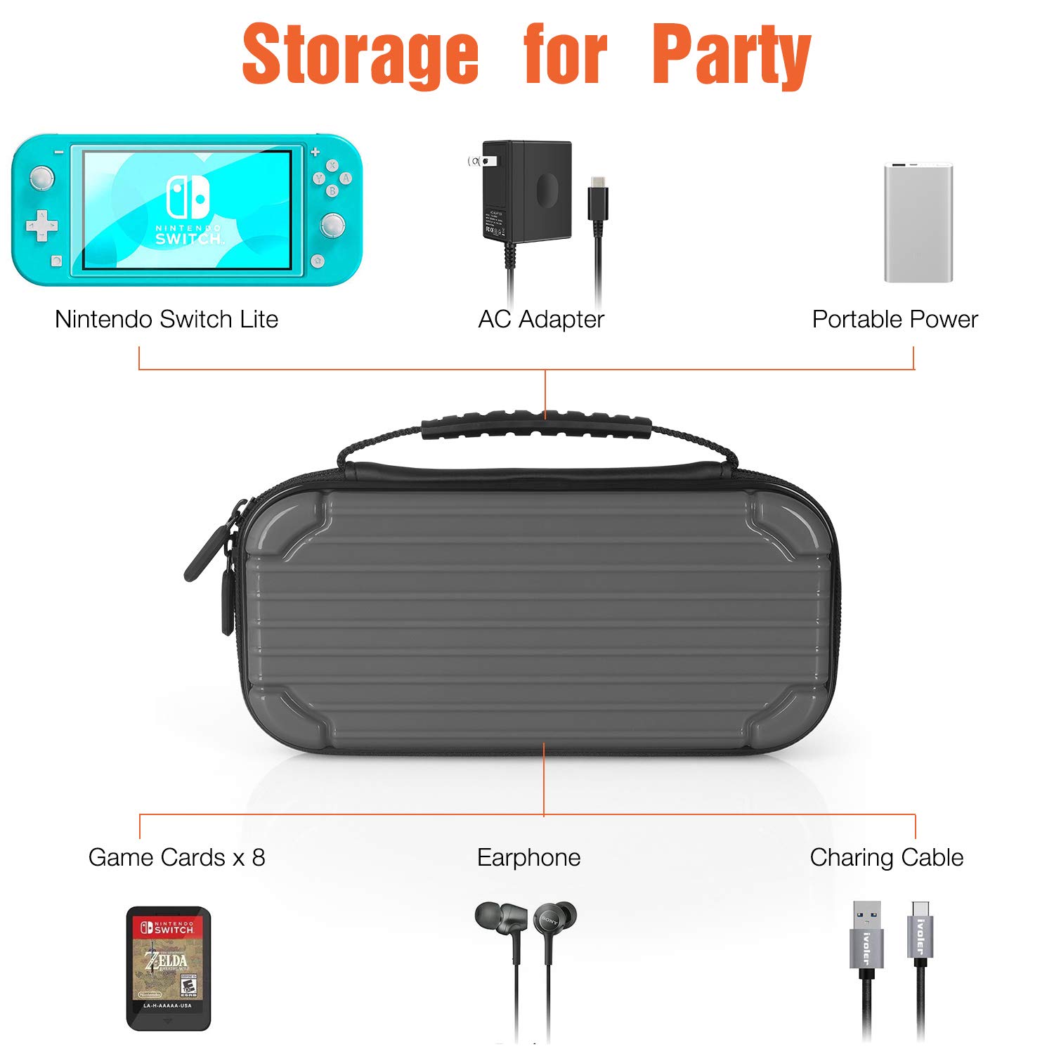 Carrying Case for Nintendo Switch Lite, Tempered Glass Screen Protector Soft Lining Hard Shell Travel Game Bag with 10 Game Card Slots for Switch Lite (Gray)