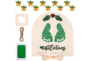 RANERVZ DIY Christmas Footprint Art Sign 2025 Baby’s First Christmas Milestone Keepsake Wooden Mistletoes Craft Sign for Baby Shower Newborn Announcement Photoshoot Prop Merry Christmas Footprint Gift