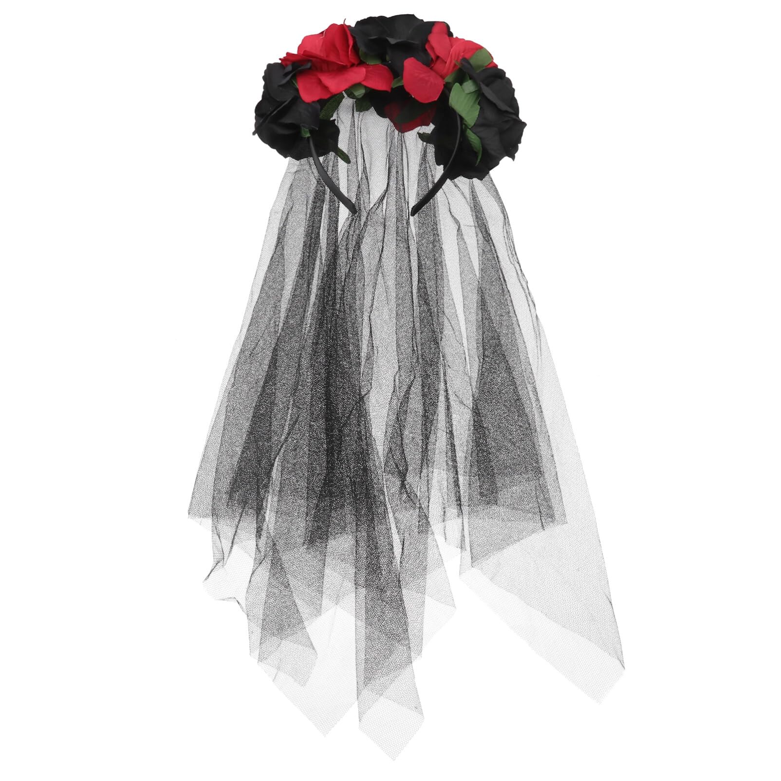 Lurrose Rose Floral Crown Veil Halloween Costume Mexican Headband Day of the Dead Headpiece for Festival Carnival Party, Red and Black, Größe 1