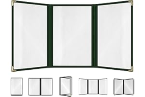 ACI SUPER POWER Green, 25 Pack, 3 Pages / 6 Views Trifold - 5.5" x 8.5", Cafe Style Menu Cover, Side-Loading Double Stitched Edge, Crystal Clear Vinyl Menu Holder with Gold Decorative Corners