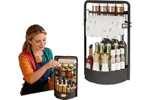 Rotating Spice Rack with Paper Towel Holder, 360 Degree Revolving 2-Tier Organizer - Adjustable Height Metal Spice Rack for C