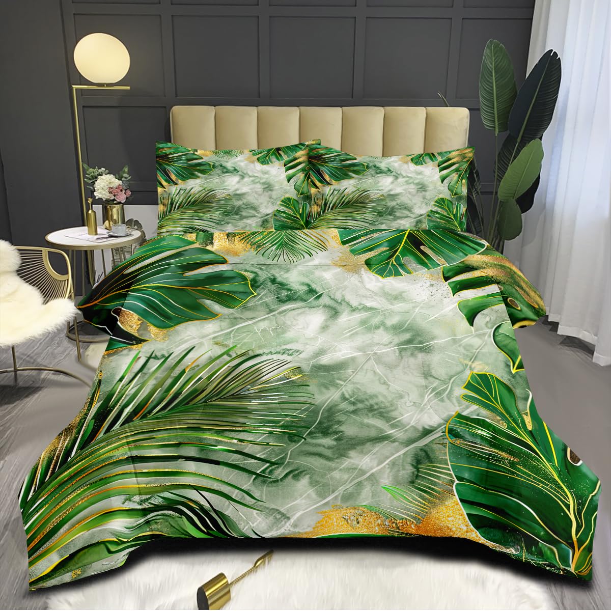 Sherpa Comforter Set - Queen Size Chenille Palm Leaf Pattern With 2 Plush Pillowcases, Ultra Soft Bedding