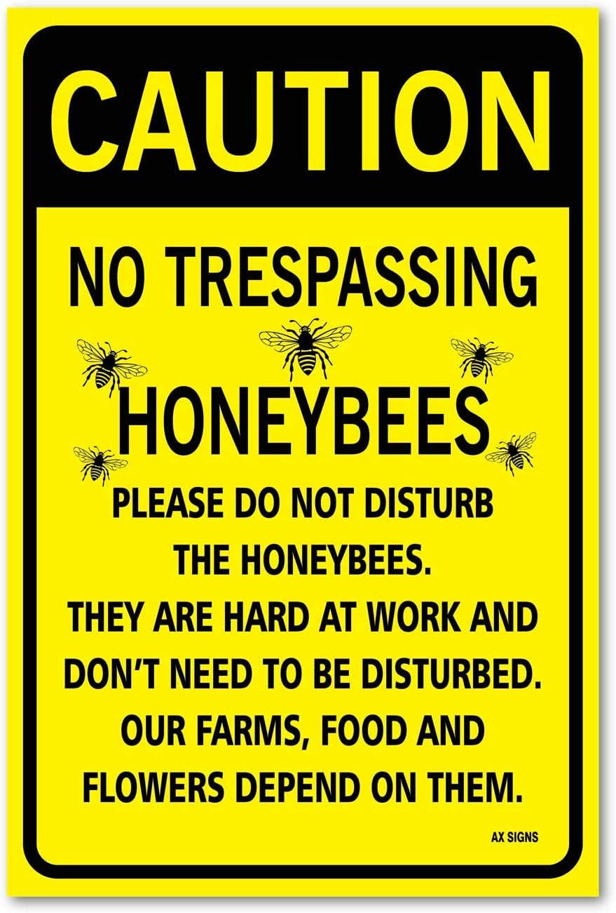 No Trespassing Honeybees with Graphic, 18" high x 12" Wide, Black on Yellow, Self Adhesive Vinyl Sticker, Indoor and Outdoor Use, Rust Free, UV Protected, Waterproof