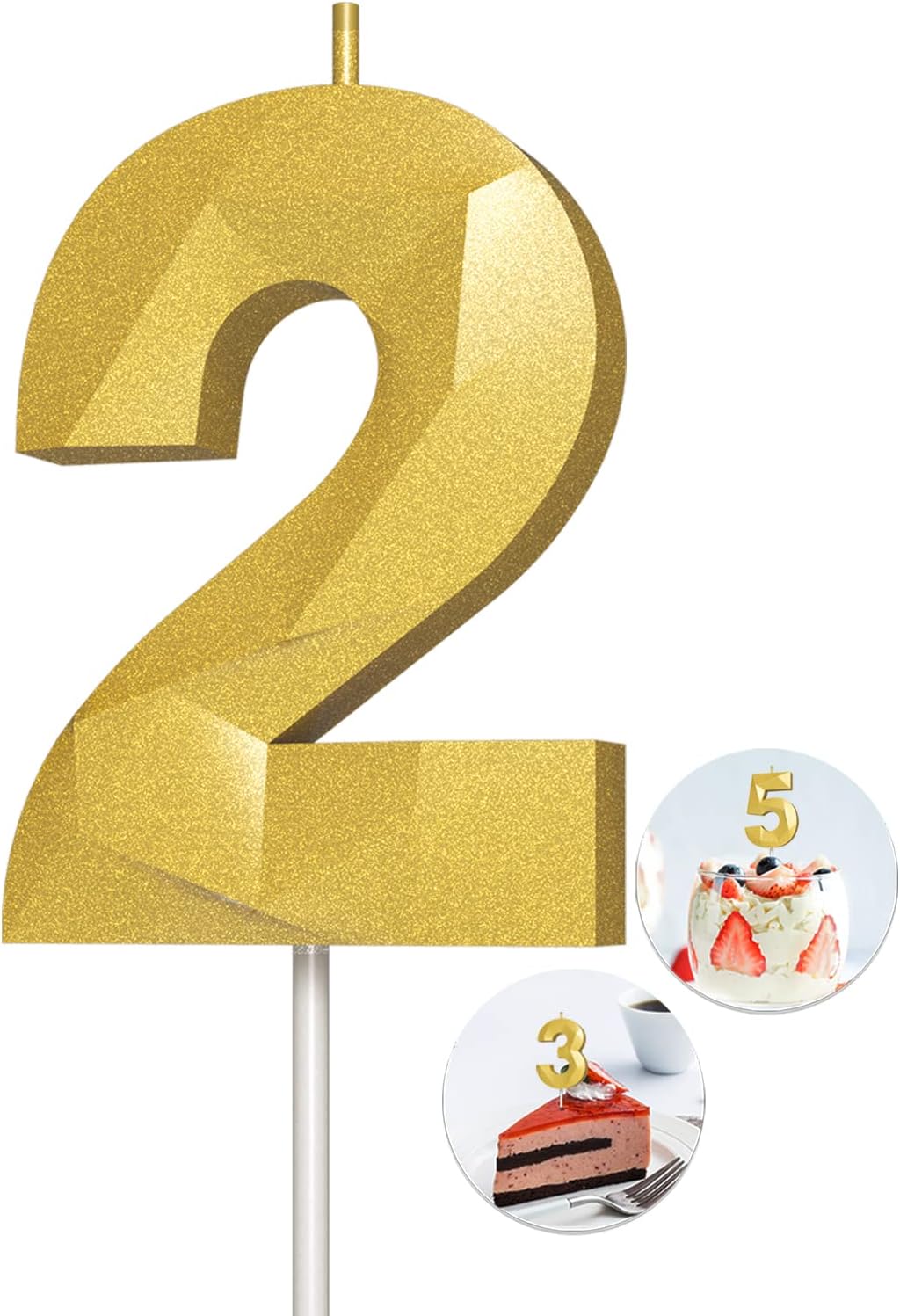 Candles & Holders - Number Birthday Candles(2 Candle Gold) 3D Diamond Shape Number Happy Birthday Cake Candles for Birthday Party Wedding Decoration Reunions Theme Party