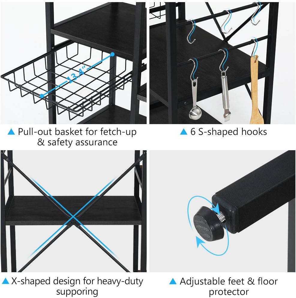 Tribesigns 35.5 inches Kitchen Baker’s Rack Microwave Oven Stand, Industrial Kitchen Cart Utility Storage Shelf Organizer Coffee Bar with Wire Basket and 6 Hooks (Black) - Standing Baker's Racks