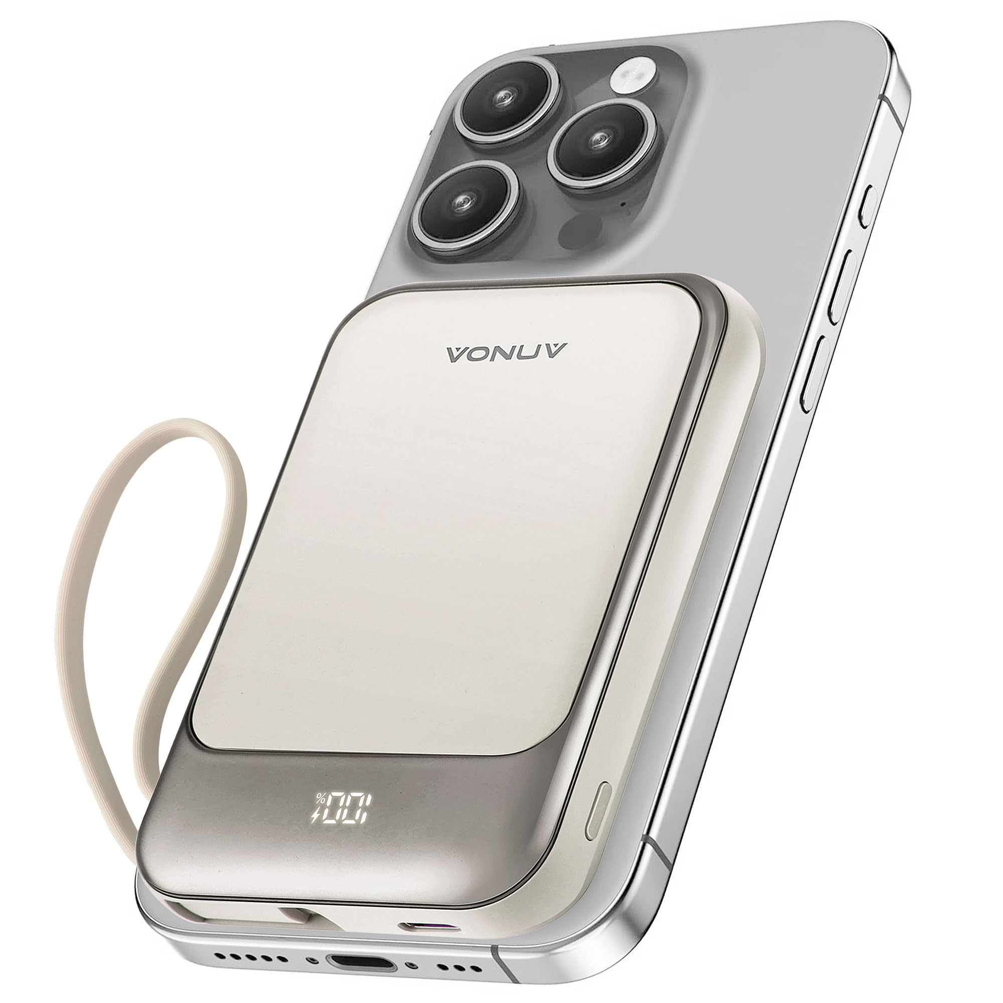 VONUV Magnetic Power Bank 10000mAh, Wireless Portable Charger with 15W Max Fast Charging & Built-in USB-C Cable, 22.5W PD LED Display Battery Pack Compatible with iPhone 16/15, Samsung Galaxy(White)