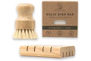 Zero Waste Dish Washing Bundle Kit | Eco-Friendly Solid Dish Soap Bar, Cedar Tray, Bamboo Pot Brush | Organic, Vegan, Non-Tox