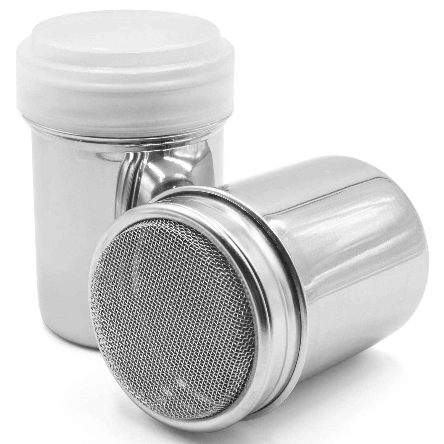 AnFun 2 Pack Powder Sugar Shaker with Lid Cinnamon Icing Cans Cocoa Flour Cinnamon Icing Stainless Steel Fine Mesh Shaker Sugar Powder Sifter Sprinkler Dredgers Chocolate Coffee