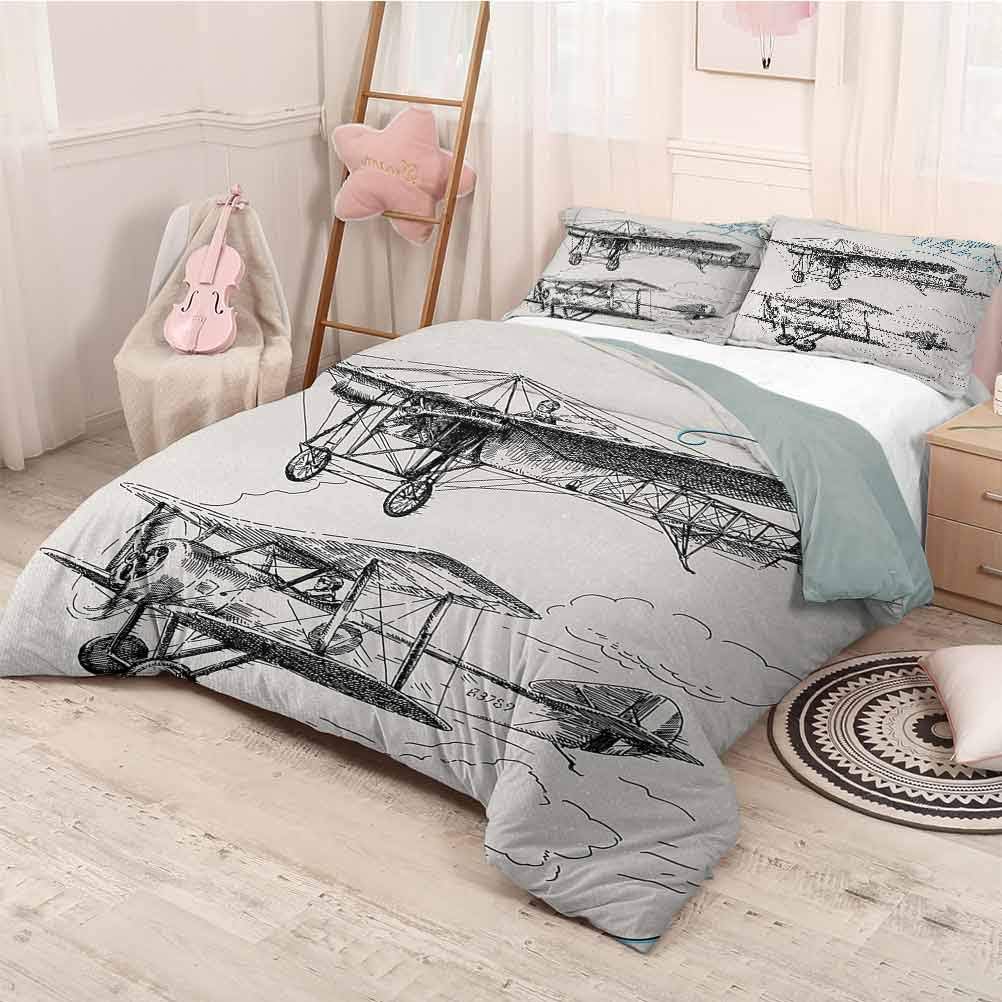 prunushome Airplane 3 Pieces Quilt Cover & Pillowcases Set Classic Nostalgic Planes Aircraft Propeller in The Sky Fast Travel Wings Sketch Comfortable Bedding Sets 3Pcs Piece Suit Blue Black Twin
