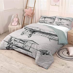 prunushome Airplane 3 Pieces Quilt Cover & Pillowcases Set Classic Nostalgic Planes Aircraft Propeller in The Sky Fast Travel Wings Sketch Comfortable Bedding Sets 3Pcs Piece Suit Blue Black Twin