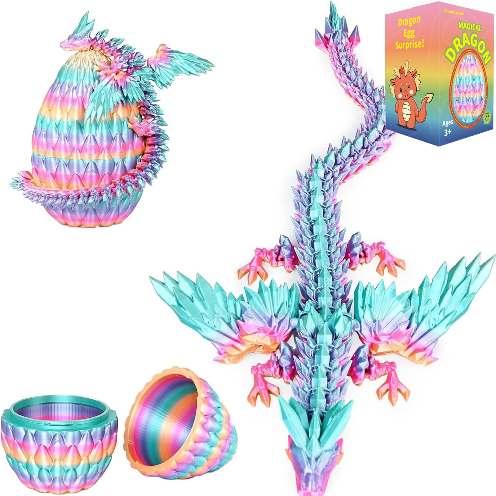 Shangkanlan 3D Printed Dragon in Egg - Fully Articulated Crystal Figurine for Christmas Easter Birthdays, Executive Desk Decor (Rainbow) — image 1