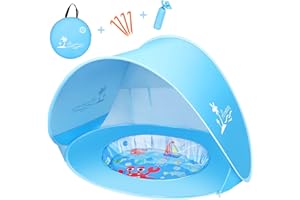 MINNE BABY Baby Beach Tent with Pool, UPF50+ Pop Up Shade Tent for Infant, Baby Beach Sun Shade Pool with UV Protection, Blue
