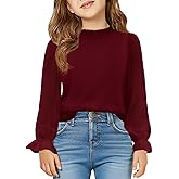 Haloumoning Girls Long Sleeve Shirts Chiffon Blouses Kids Cute Puff Sleeve Ruffle Mock Neck Casual Tops 5-14 Years