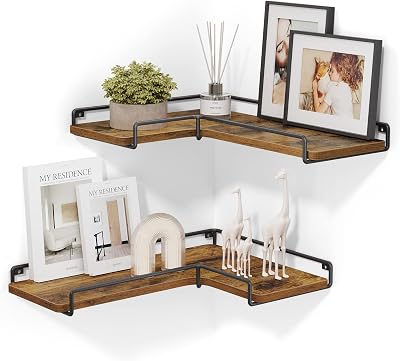 VASAGLE Floating Shelves Set of 2 L-Shaped Corner Shelves Rustic Brown Black